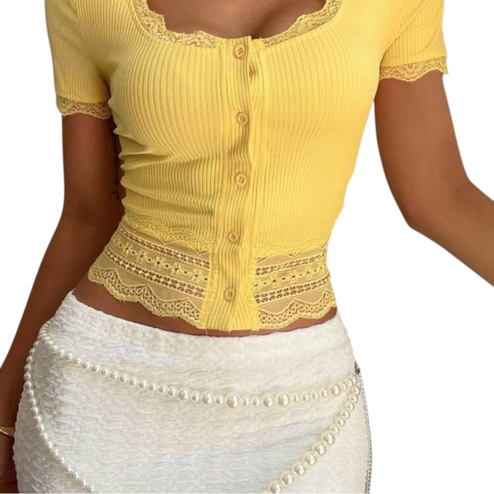 Yellow Lace-Trim Ribbed Crop Top - Picture 6 of 8